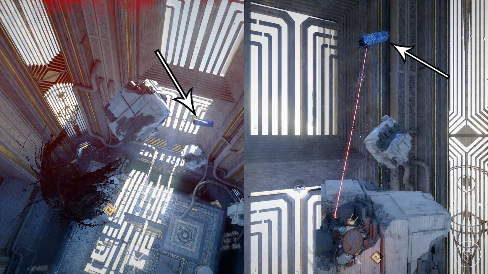 Kliff grabs a blue energy crystal to solve the Root's End Abyss puzzle in Crimson Desert.