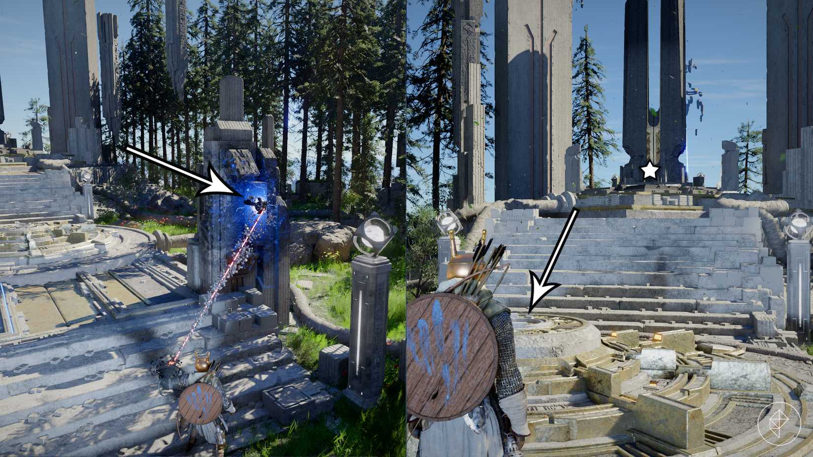 Arrows point to the energy crystal and platform encountered during the Root's End Abyss puzzle in Crimson Desert.