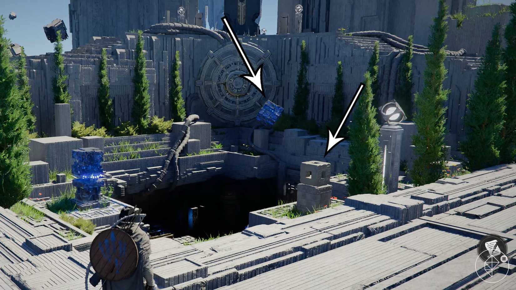 Arrows point to the first Abyss puzzle solution in Crimson Desert.