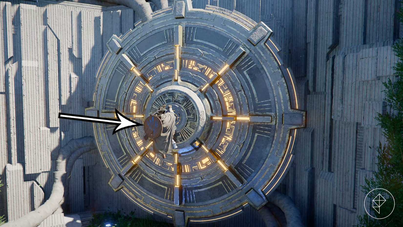 The arrow points to the pressure plate at the end of the Abyss Without Balance quest in the Crimson Desert.