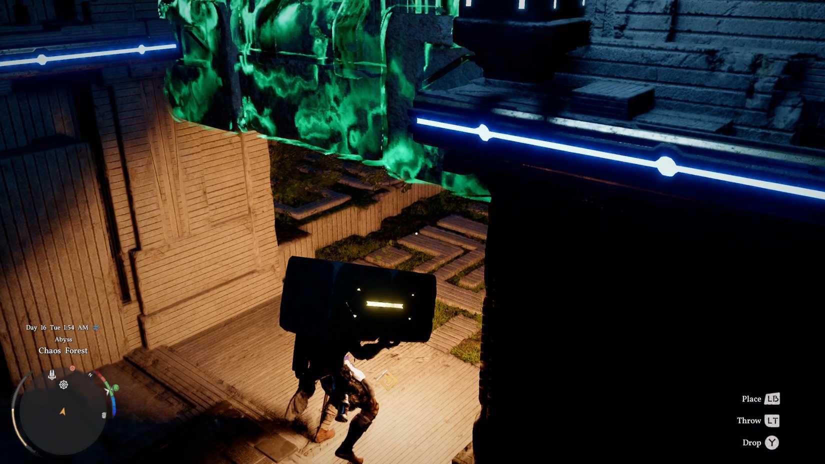 Kliff moving an Abyss fragment under a door in Crimson Desert