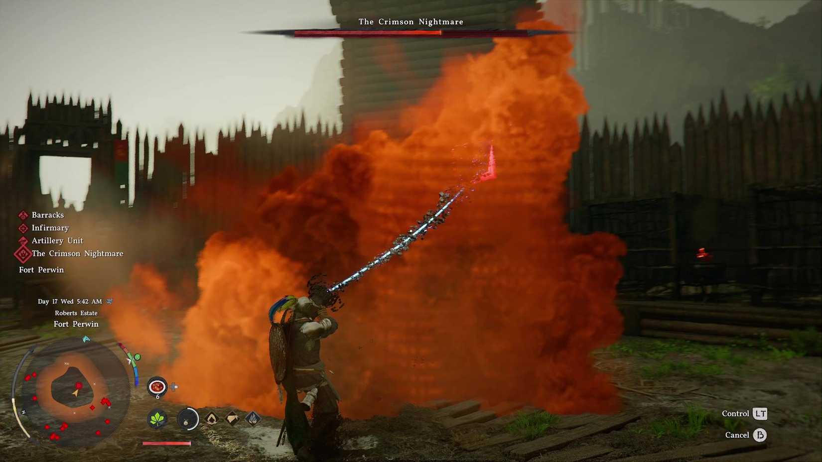 Kliff in Crimson Desert using Axiom Force against the Crimson Nightmare.