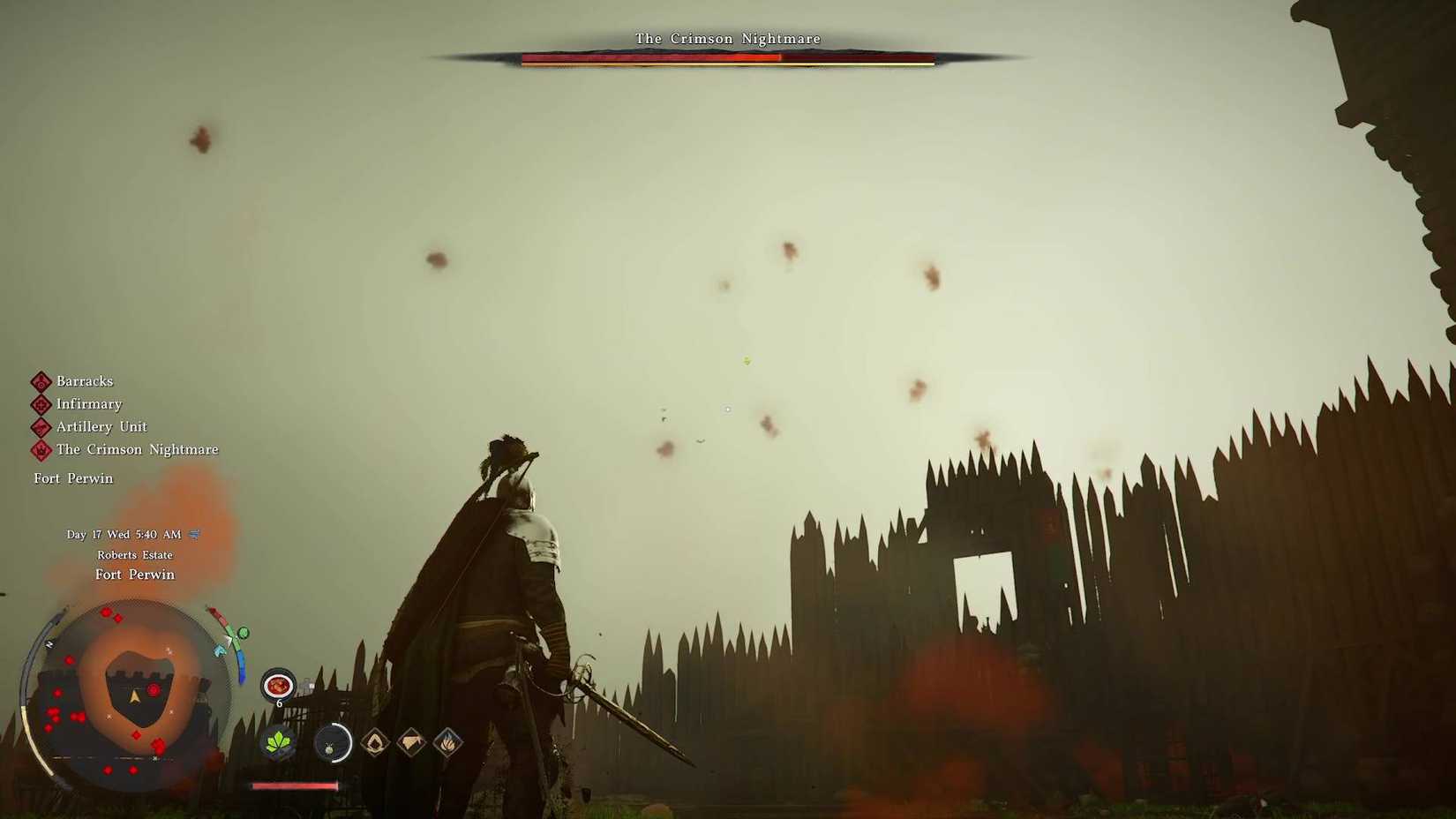 Kliff in Crimson Desert looking at the Crimson Nightmare boss floating in the sky.