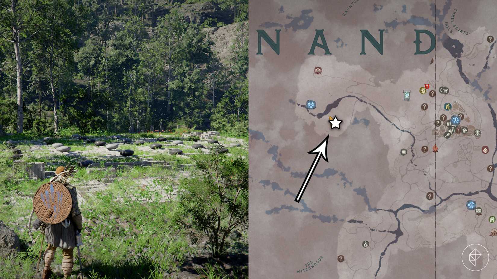 The location of the Crimson Desert ancient ruins Go puzzle in the Duskwood.