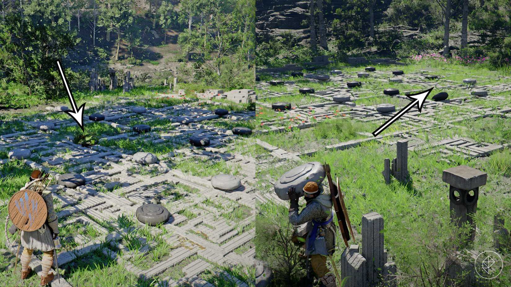 The solution to the Crimson Desert Duskwood puzzle that requires the player to chase away a mossback crab and place white stones in a row on a Go board.