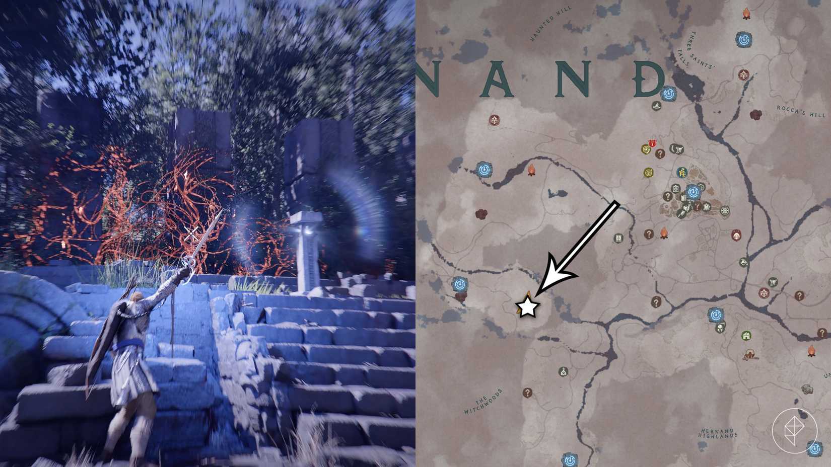 On the right side, an arrow points to the Crimson Desert Hill Ruins Duskwood puzzle location on the map, while Kliff removes the vines with Blinding Flash on the left.