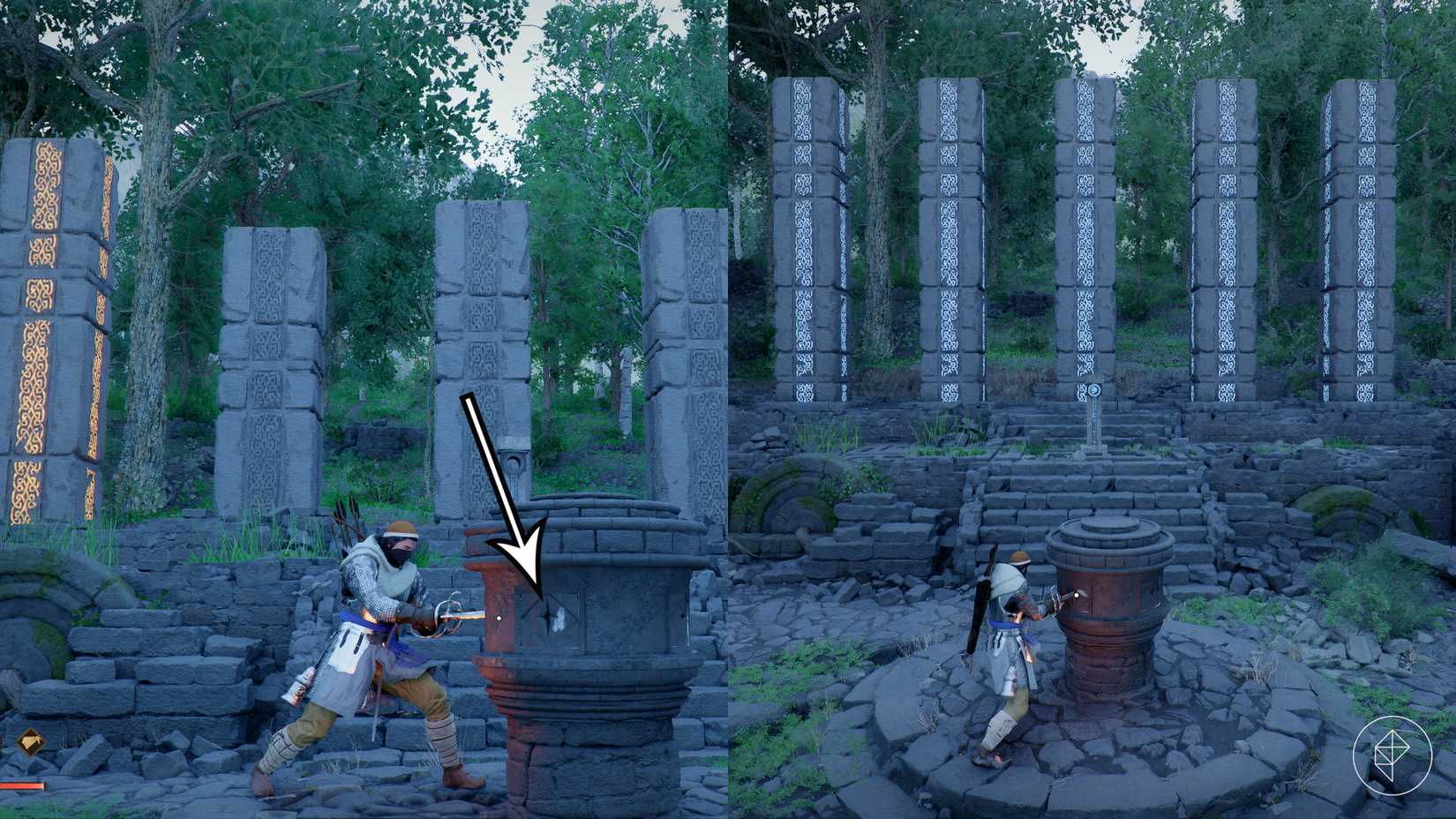 Kliff rotates a device to adjust the large pillars in the Crimson Desert Duskwood puzzle.