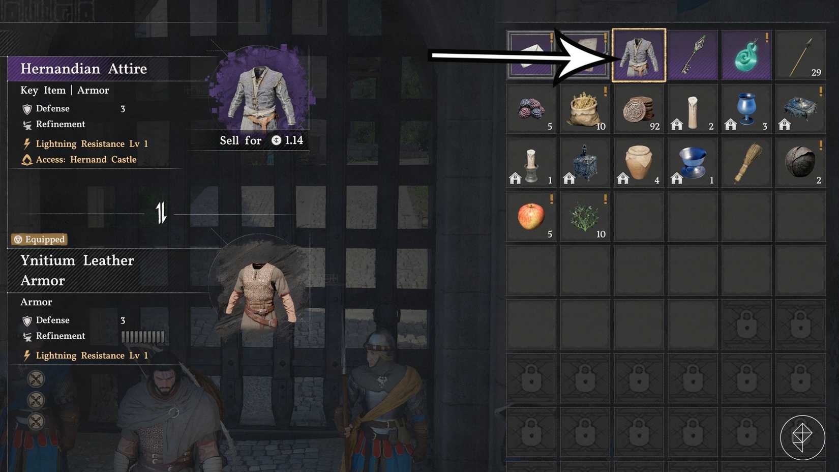 An arrow points to the Hernandian Attire in a player's inventory in Crimson Desert. Equip the Hernandian Attire to enter Hernand Castle.