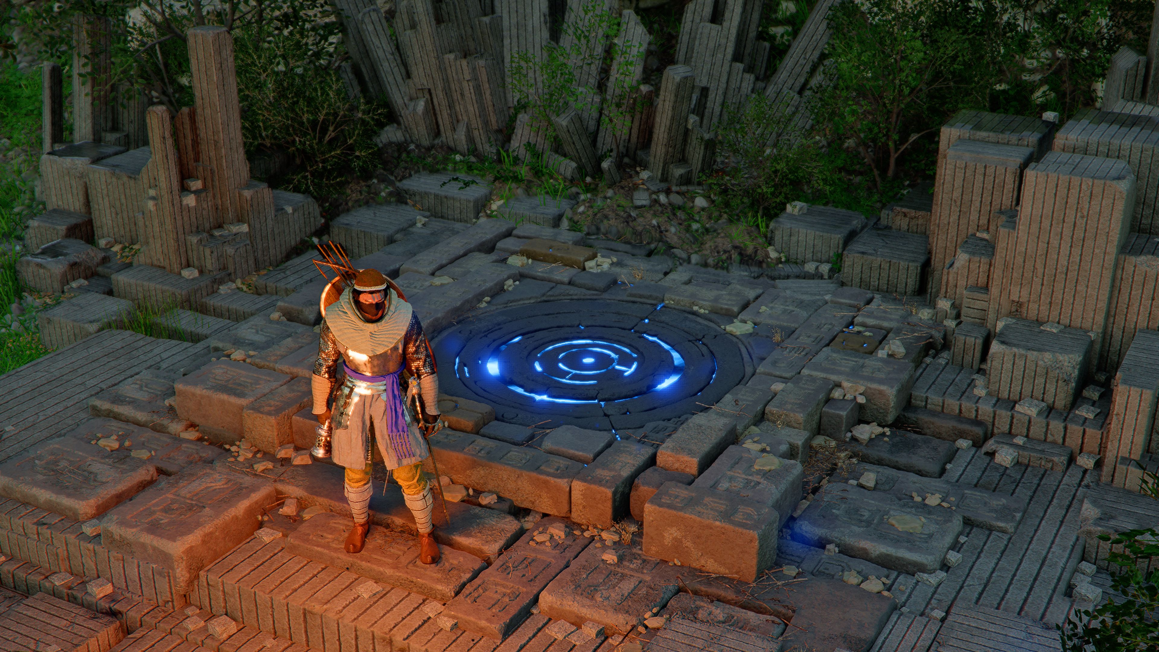 Kliff stands next to a fast travel point in Crimson Desert.