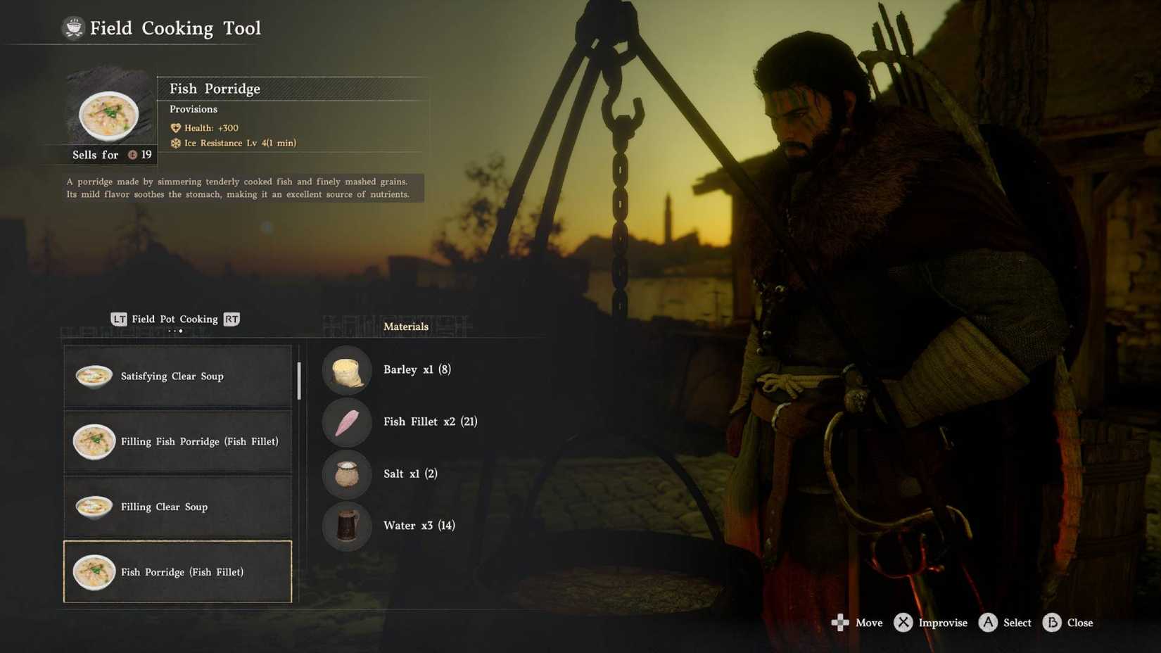 Kliff in Crimson Desert cooking fish porridge at a bonfire.