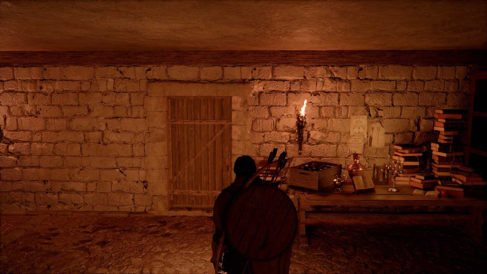 Kliff looking at the locked door in Crimson Desert's Glenbright Manor basement