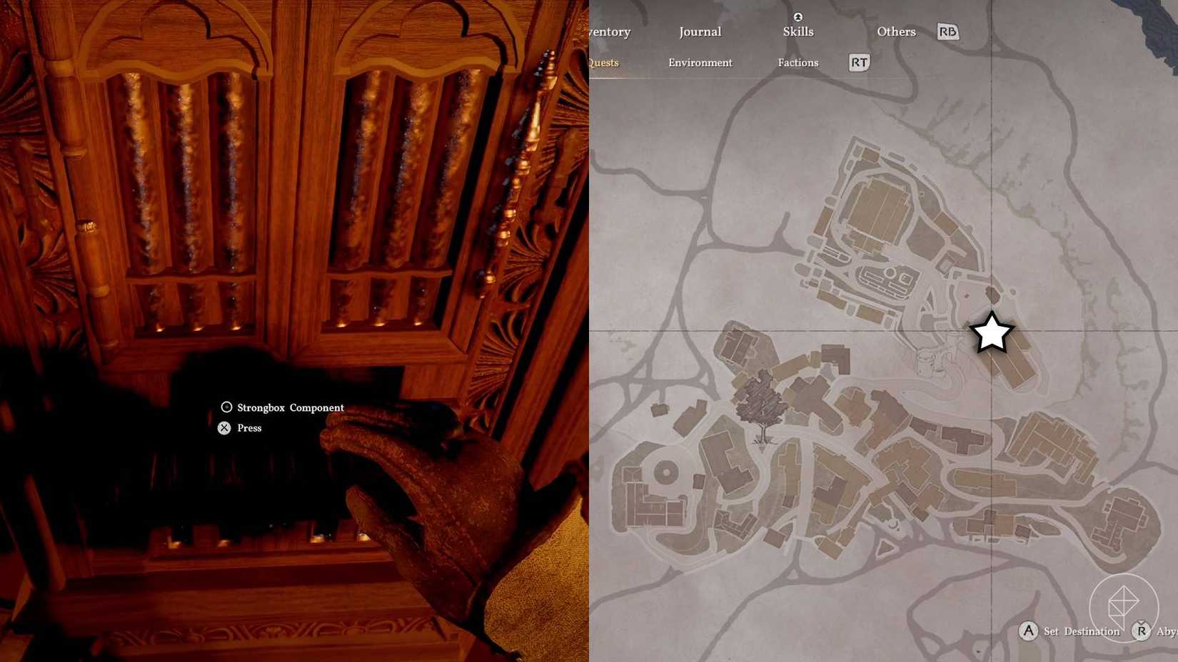 The left-hand side of the image shows the player interacting with the strongbox puzzle in Hernand Castle while the right-hand side of the image shows the location of the strongbox marked on the map in Crimson Desert.