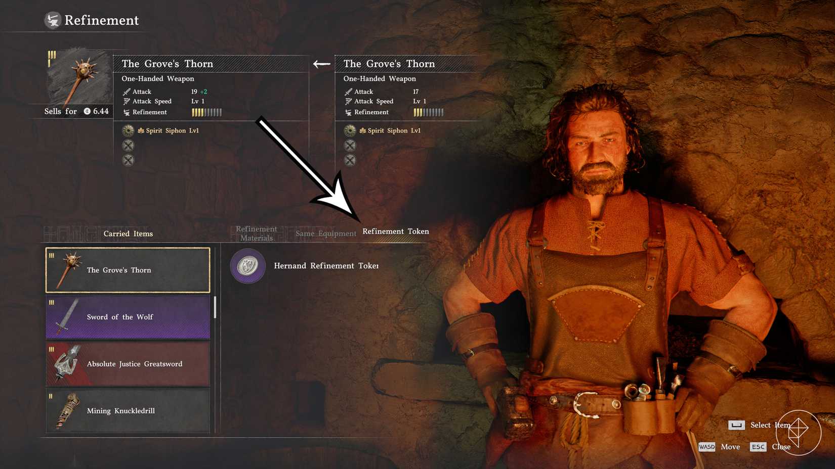 An arrow points to the Hernand refinement tokens tab at the smithy in Crimson Desert.