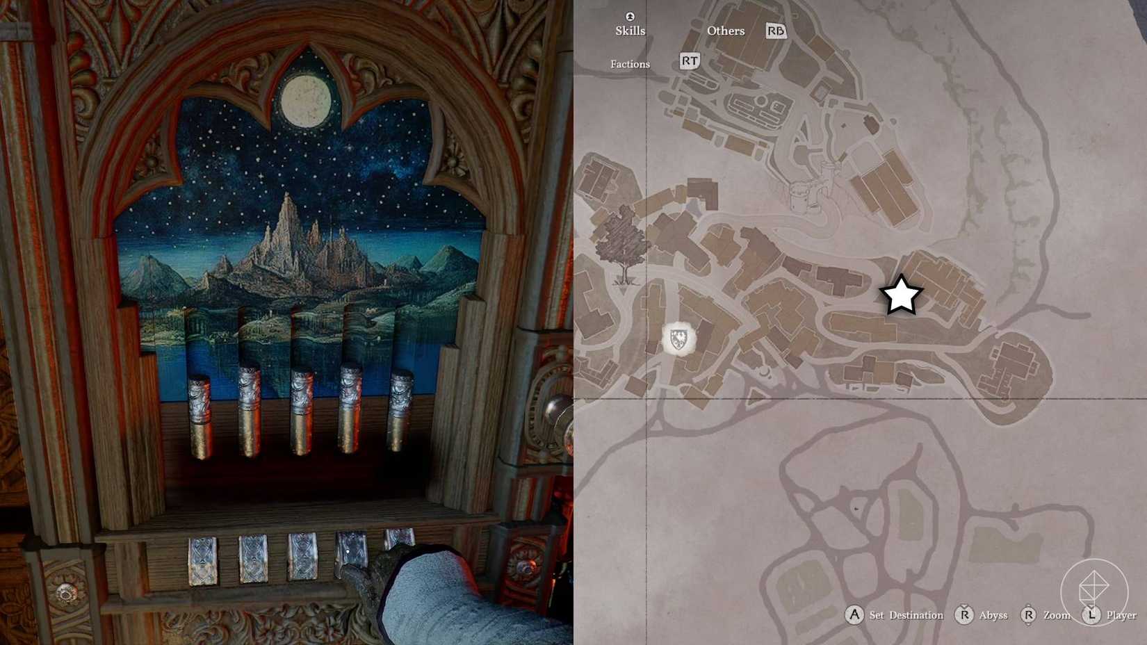 The left-hand side of the image shows the Hillside Manor strongbox puzzle in Crimson Desert while the right-hand side of the image shows the location of the strongbox on the in-game map.
