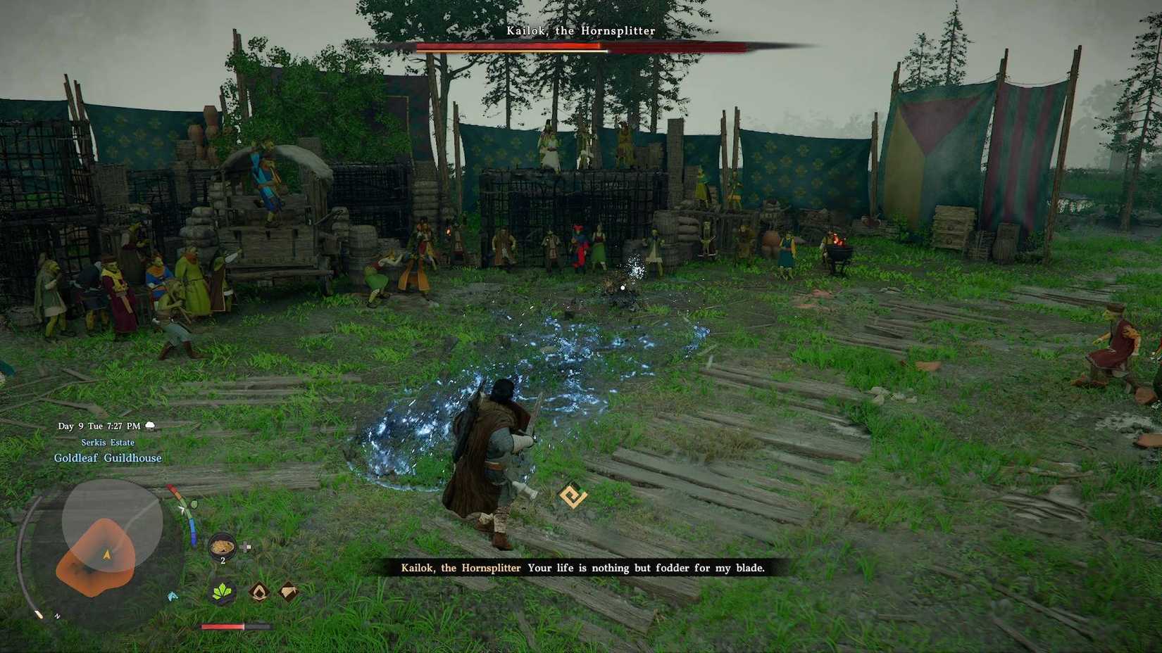 Kliff during the Hornsplitter boss fight in Crimson Desert, dodging the ranged attack.