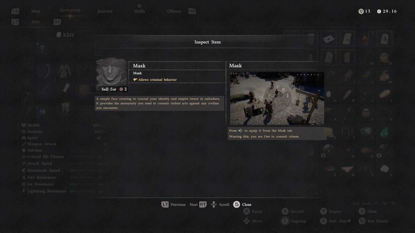 The info screen for the mask item in Crimson Desert.