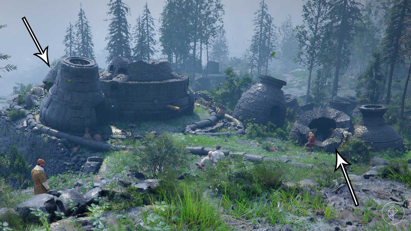 Arrows point to the missing parts of the broken kiln in Crimson Desert.