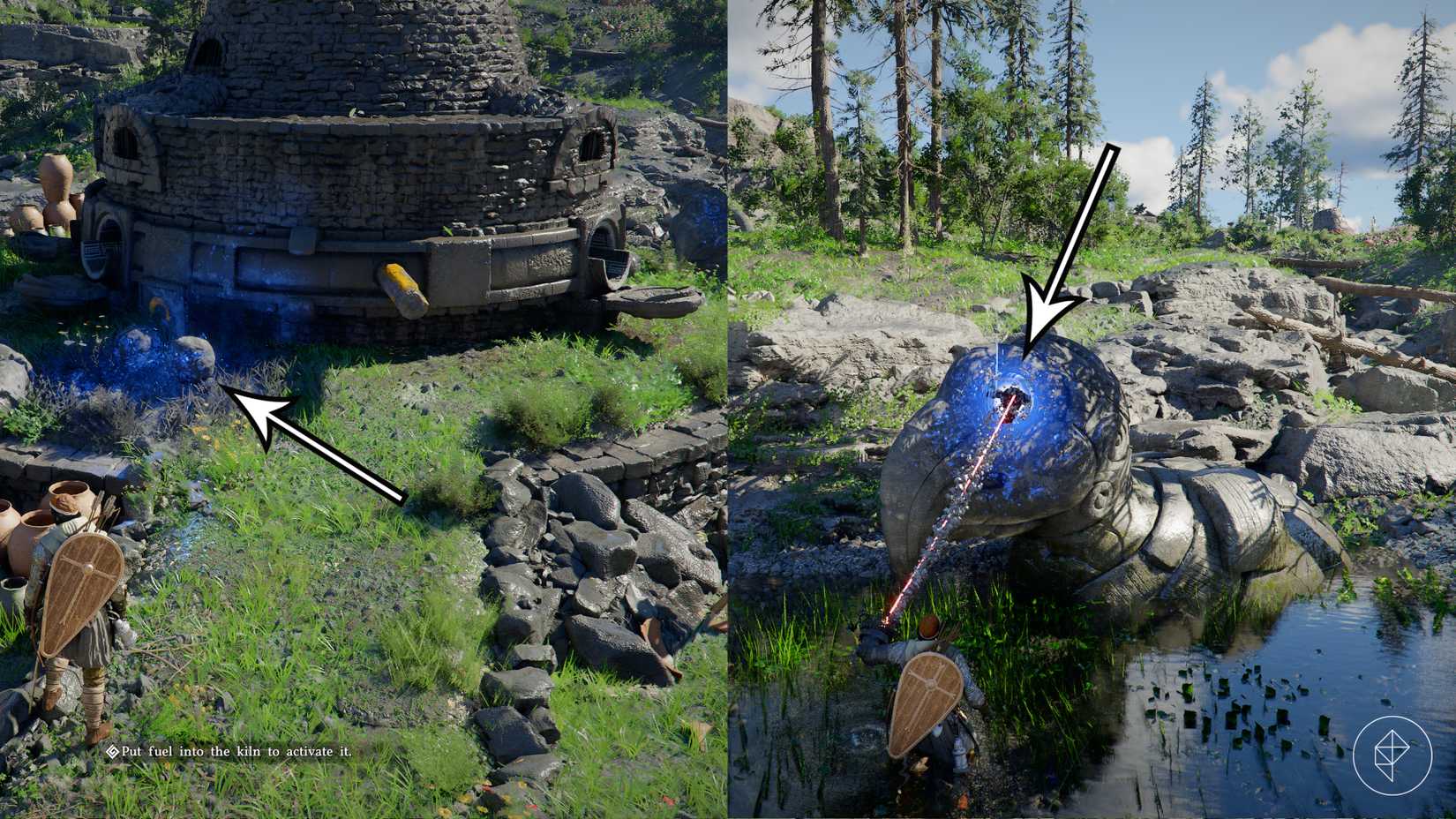 Arrows point to the first three fuel orbs needed to power a Crimson Desert kiln.