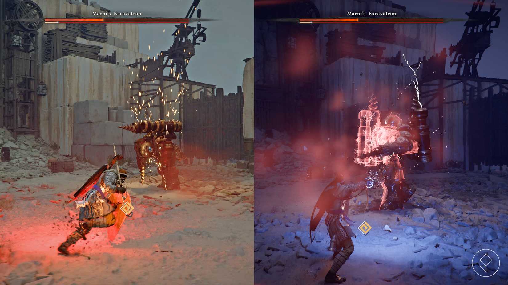 Marni's Excavatron uses a special attack but it stunned by a player in Crimson Desert.