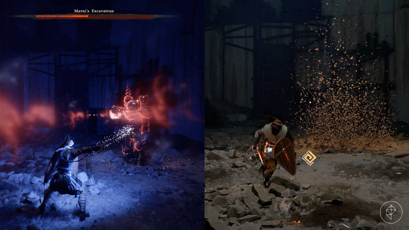 The player flees from Marni's Excavatron in Crimson Desert, after the Lost Quarry boss uses a special attack.