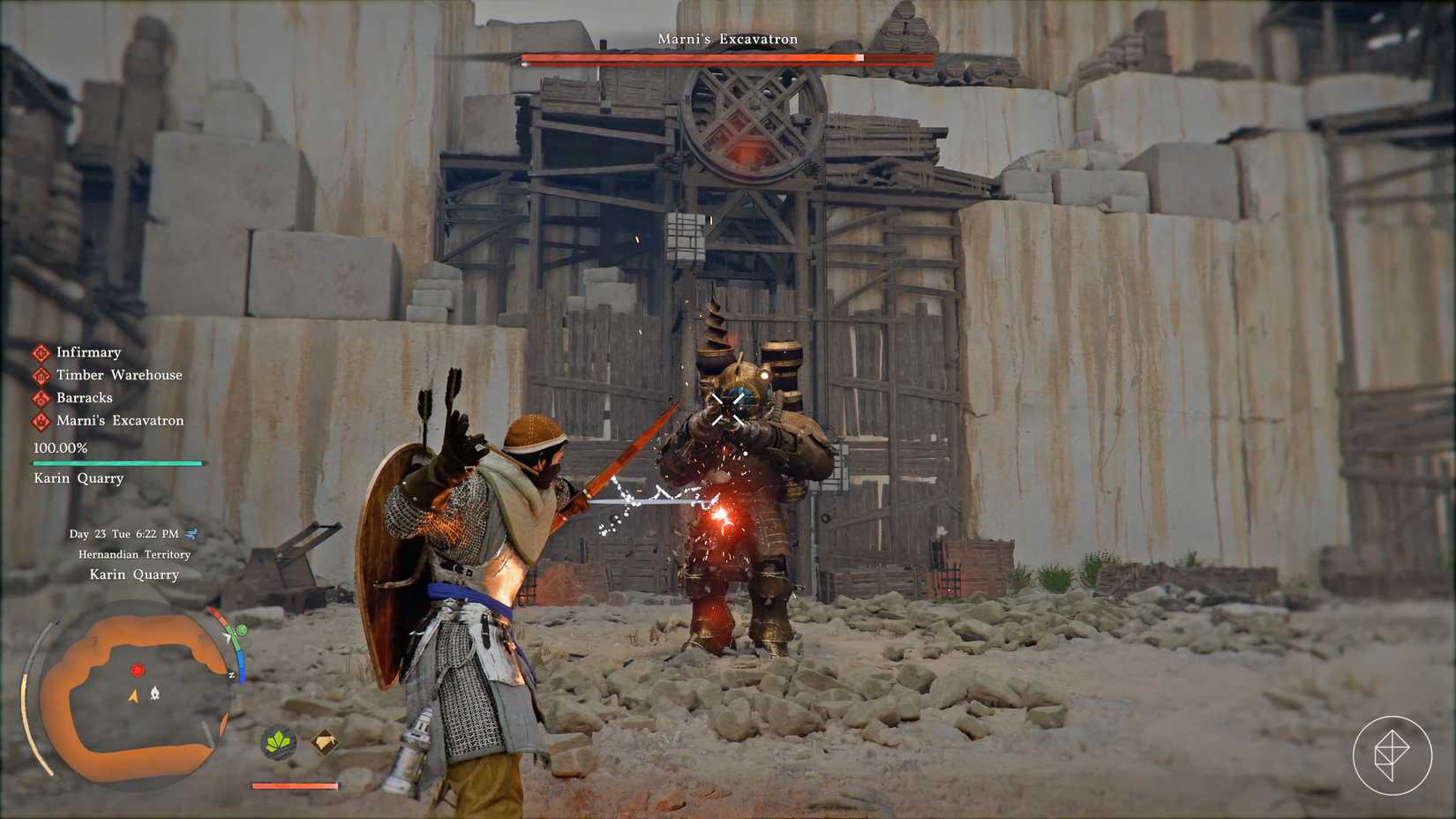 A player shoots Marni's Excavatron with bow and arrow in Crimson Desert.