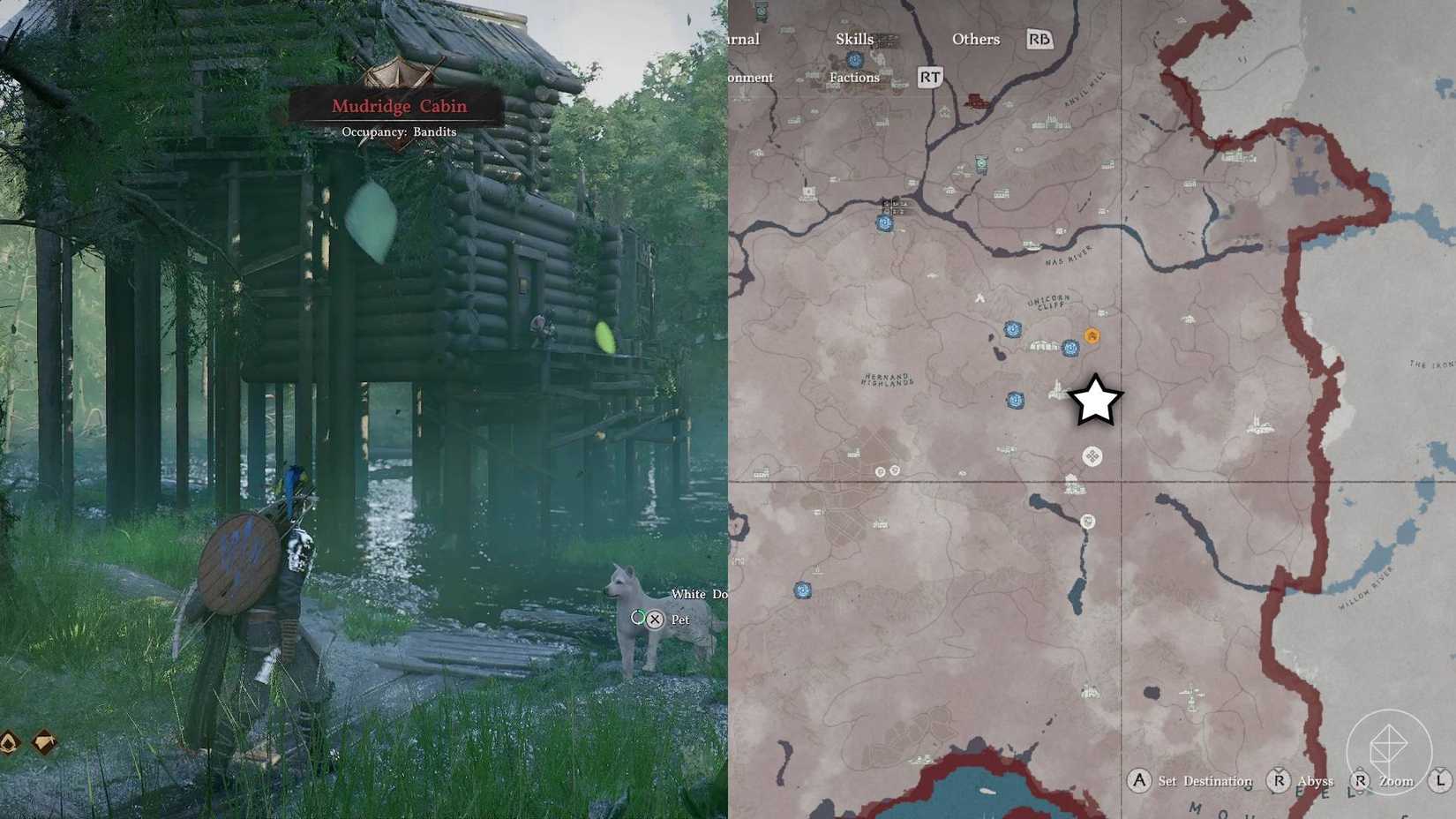 The left-hand side of the image shows Kliff in Crimson Desert looking at Mudridge Cabin while the right-hand side shows the location of the strongbox puzzle marked on the in-game map with a star.