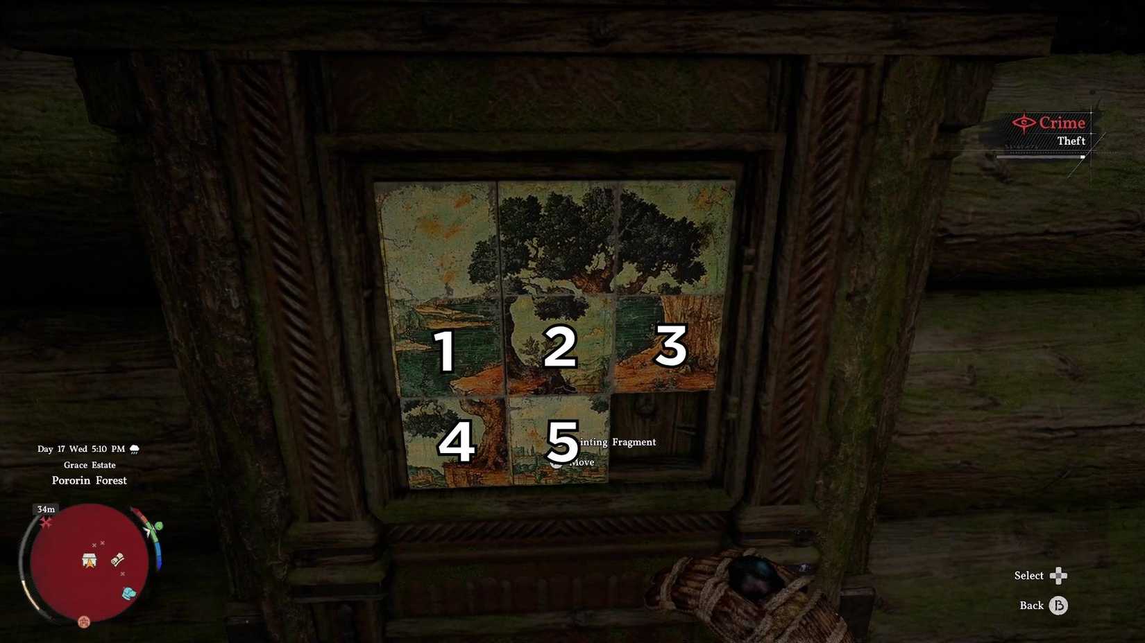 The Mudridge Cabin strongbox puzzle in Crimson Desert with the five movable pieces annotated with numbers.