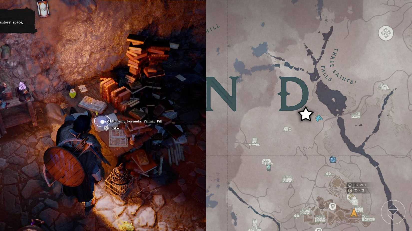 The left-hand side of the image shows Kliff in Crimson Desert standing next to the Palmar Pills recipe while the right-hand side shows the location of the recipe marked on the in-game map with a star icon.