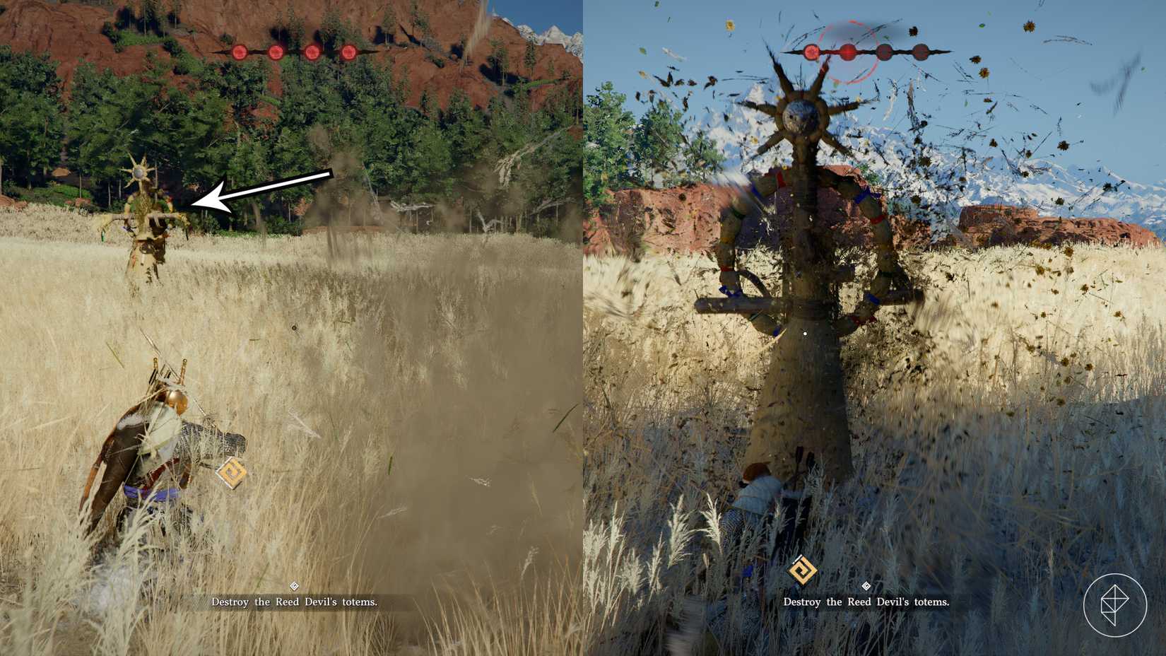 Kliff destroys totems during the Reed Devil boss fight in Crimson Desert.