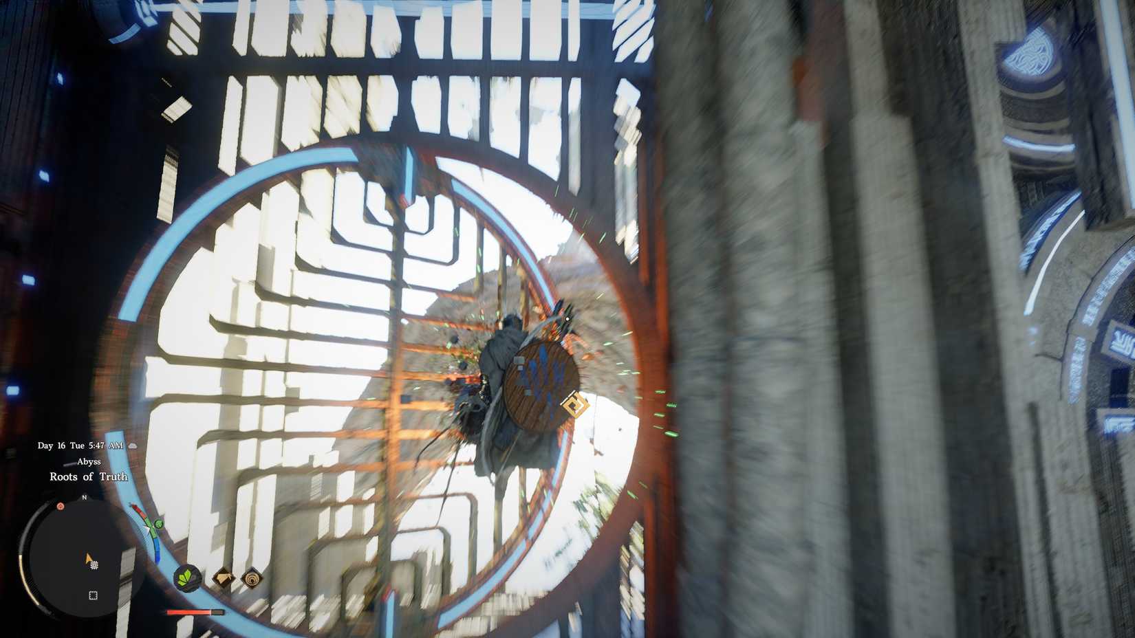 Kliff rotating a metal panel in Crimson Desert's Roots of Truth puzzle