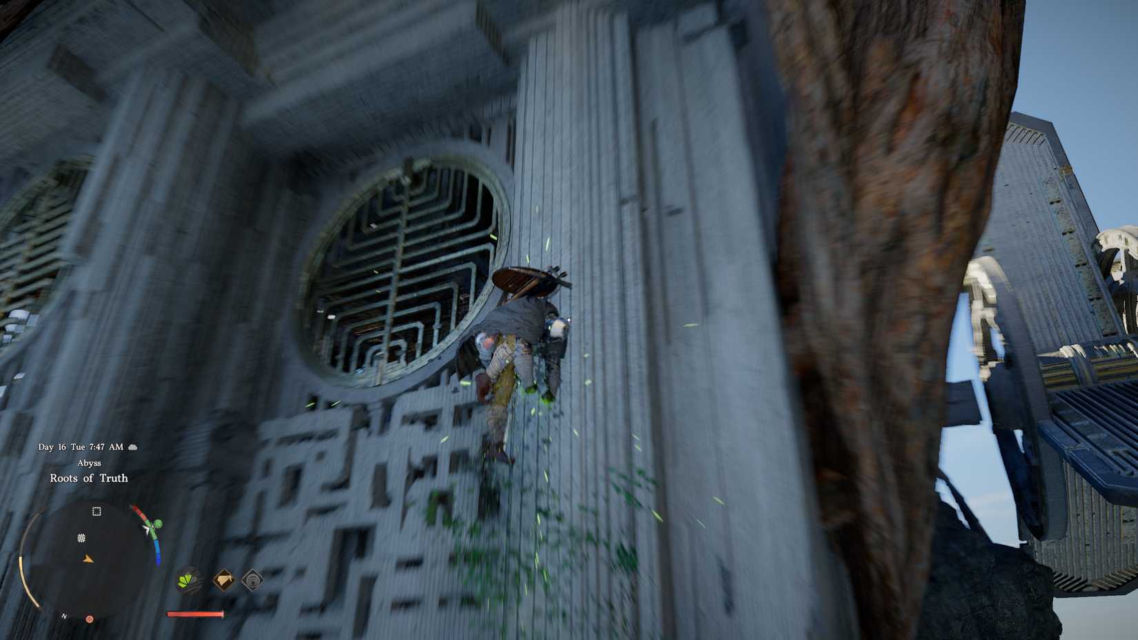 Kliff leaping to the top of a metal wall in Crimson Desert's Roots of Truth
