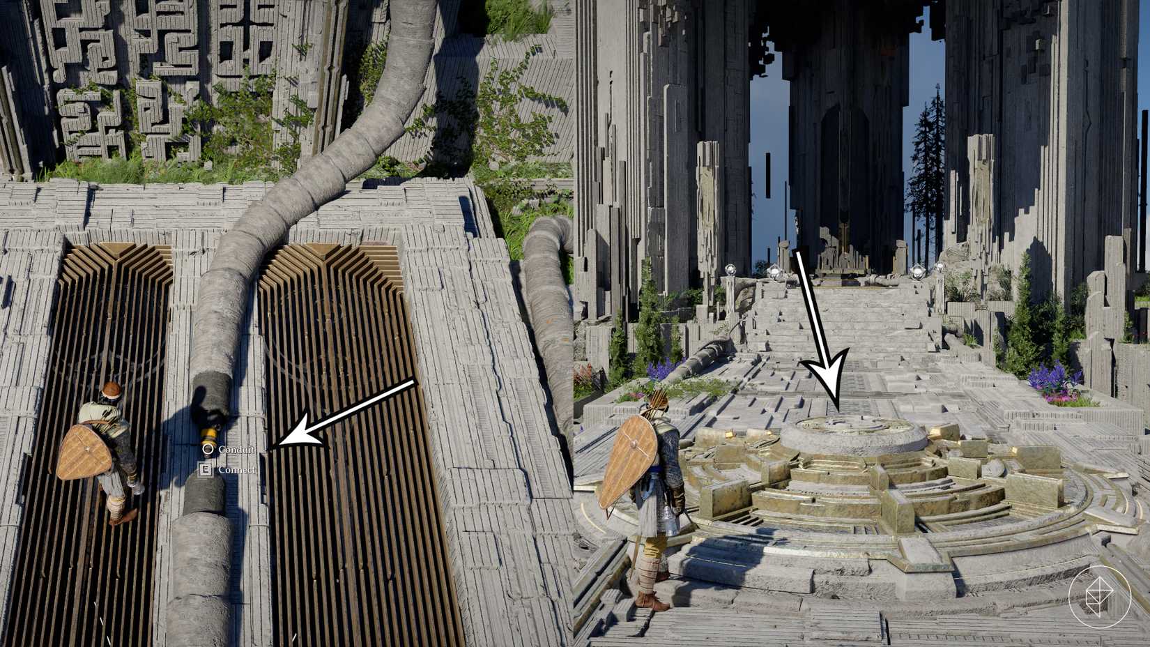 Arrows point to two mechanism that must be interacted with to solve the Crimson Desert Secret Garden Abyss puzzle.