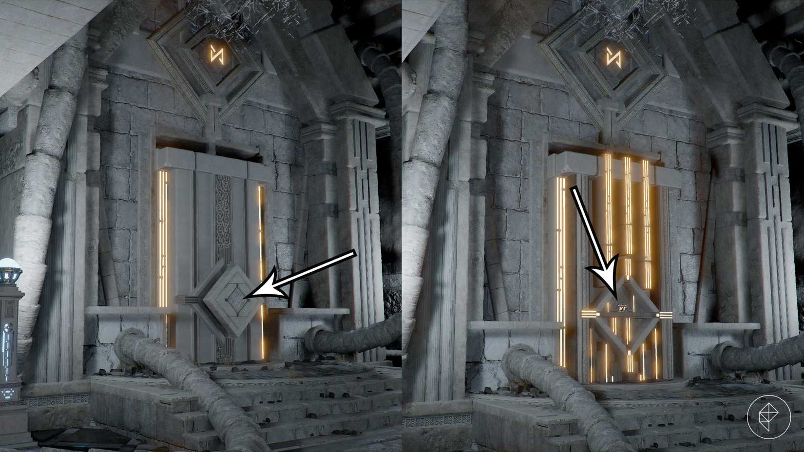 Arrows point to an alcove and the engraved stone it contains in the Spire of the Stars in Crimson Desert.