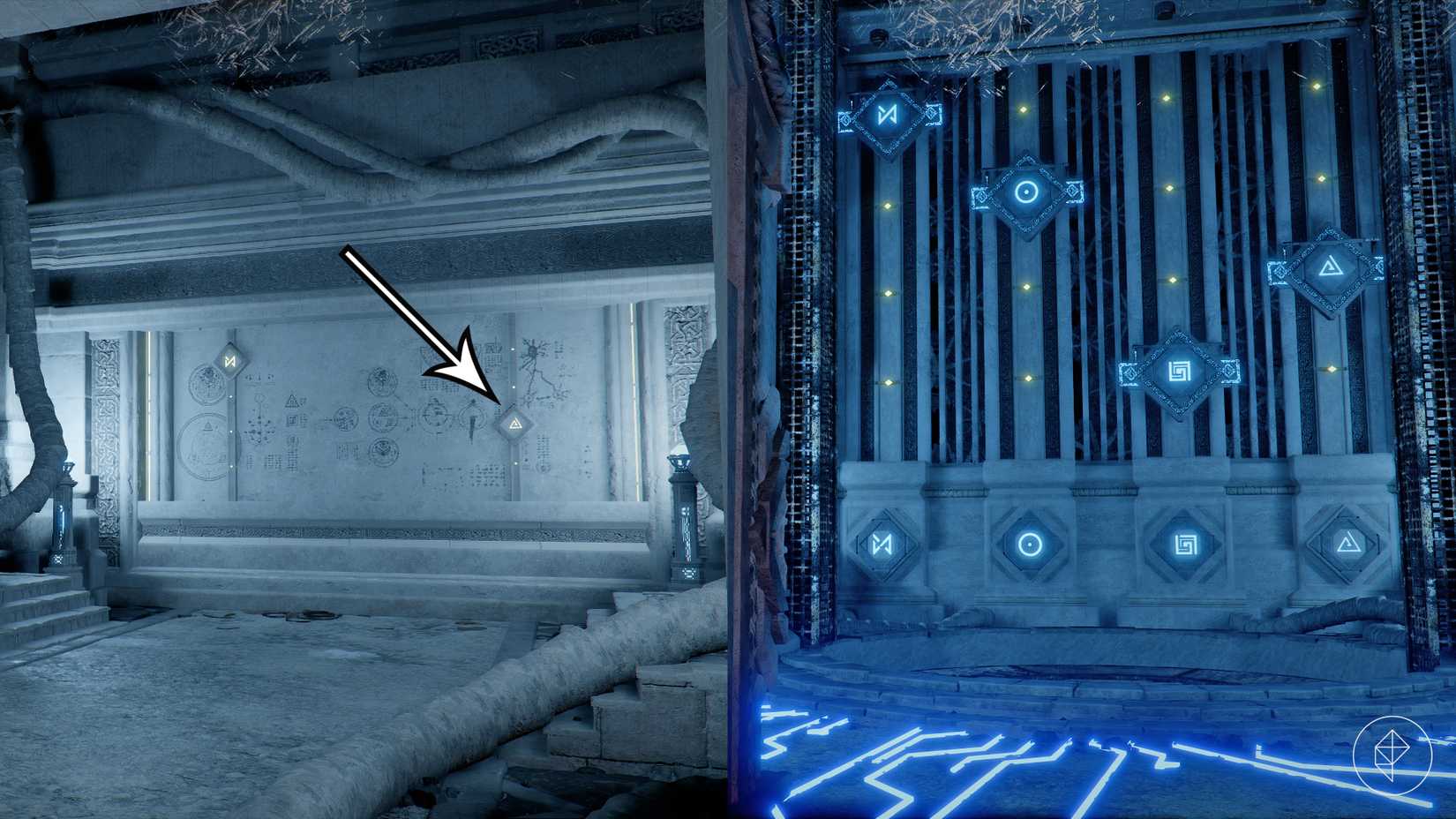An arrow points to a symbol on the left, and the right side of the picture shows the full Spire of the Stars puzzle solution in Crimson Desert.