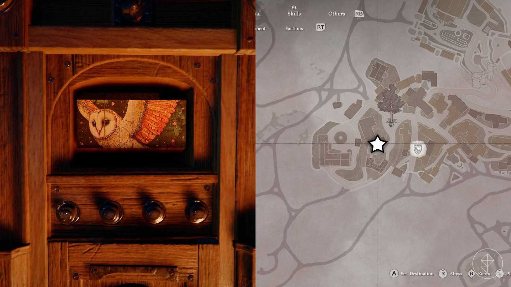 A wooden strongbox puzzle featuring four buttons and an image of an owl in Crimson Desert.