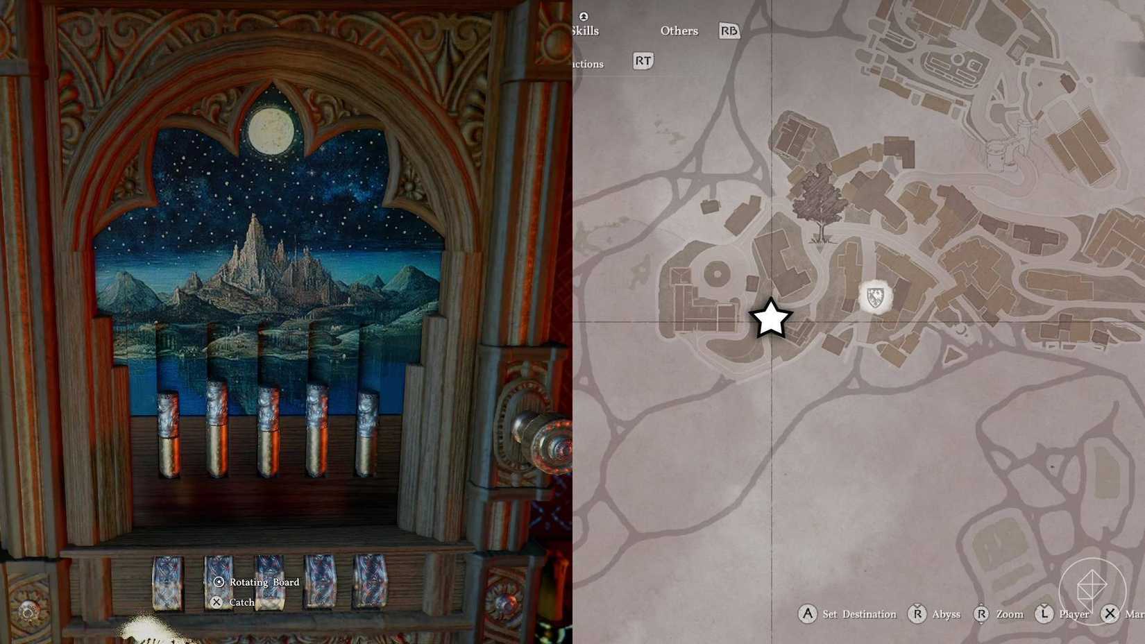 A wooden strongbox puzzle featuring an image of a mountain beneath the night sky and five wheels in Crimson Desert.