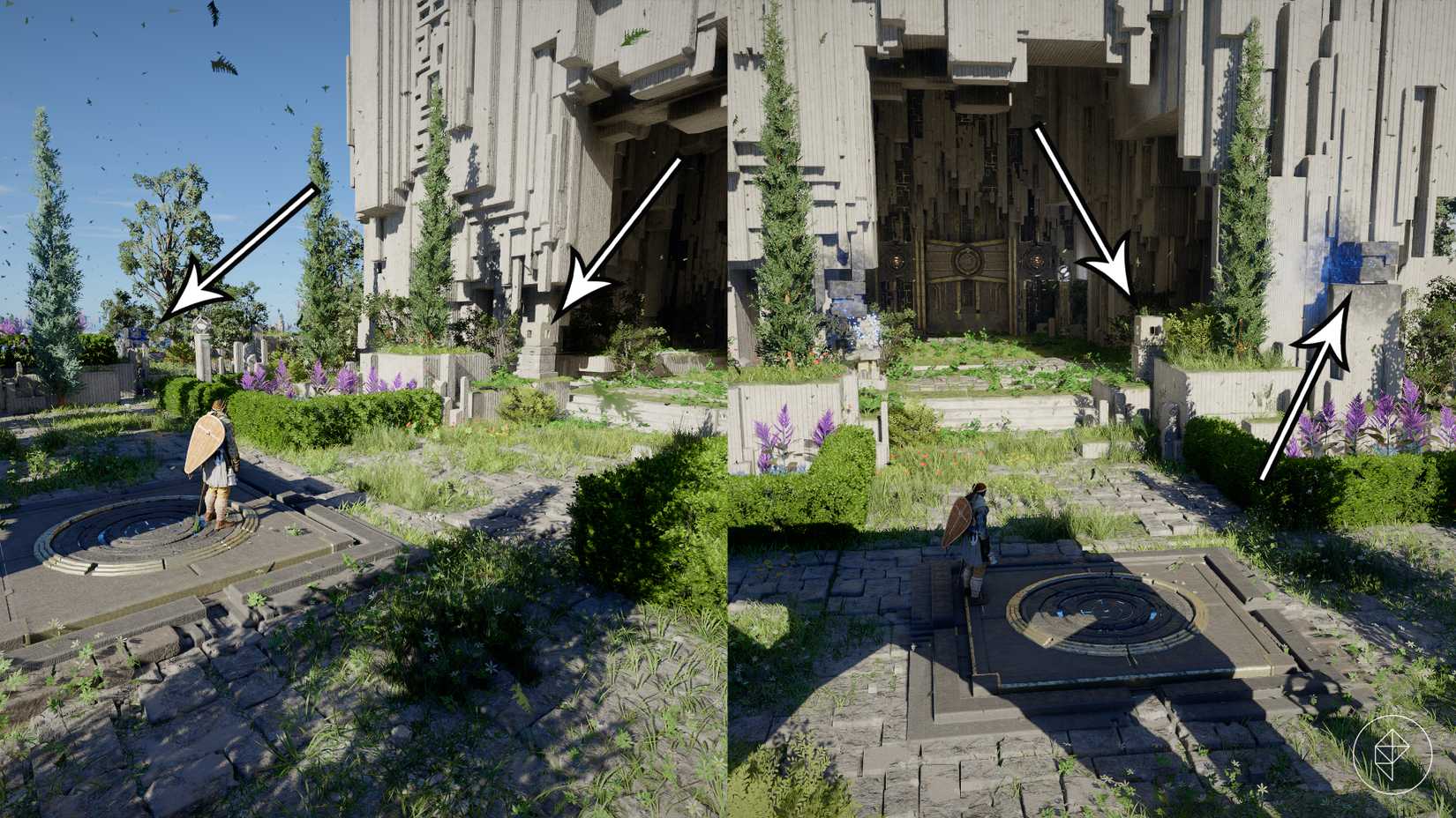 Arrows point out the puzzle solution to open the Vault of Vengeance door in Crimson Desert.