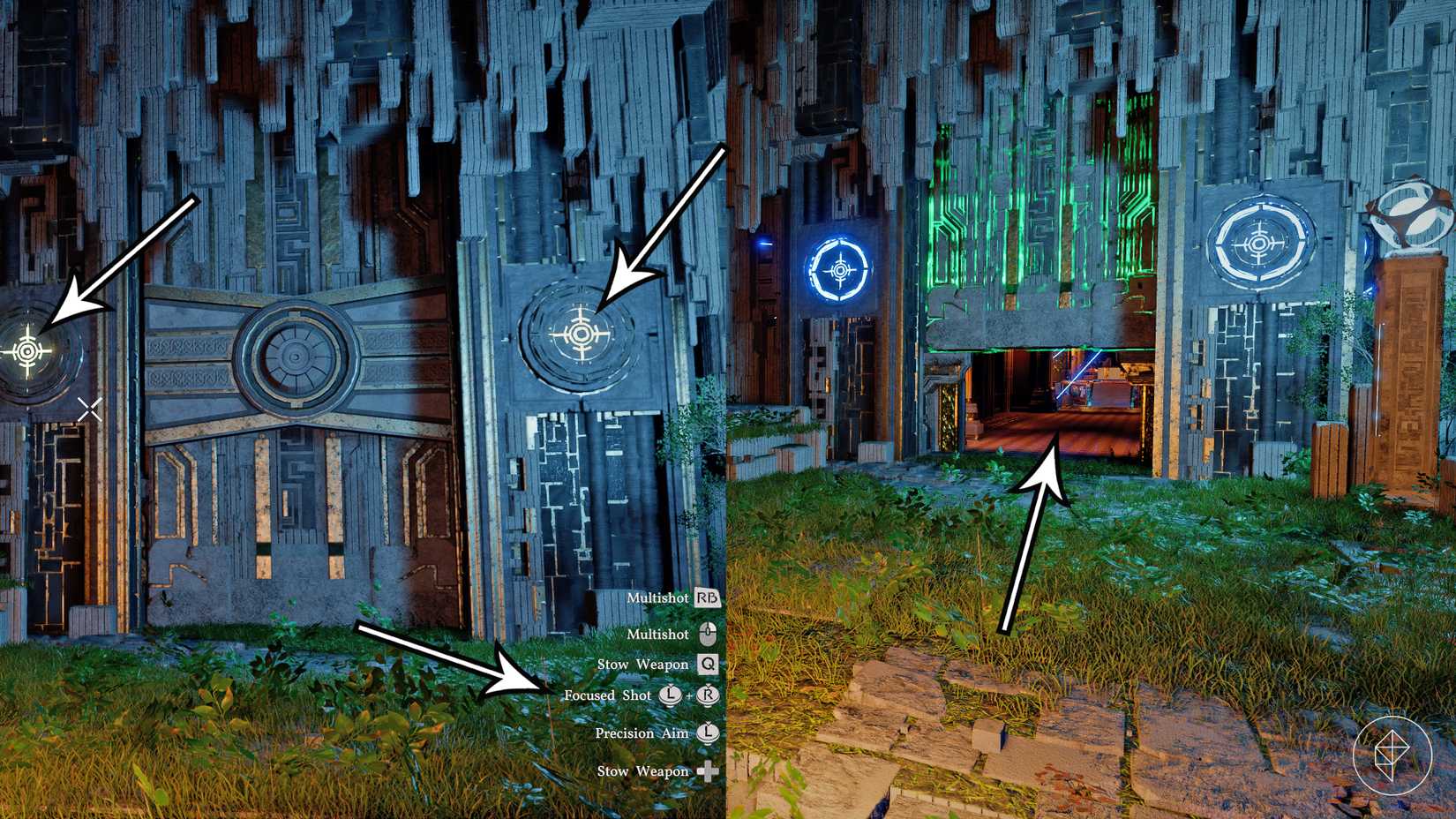 Arrows point to the door puzzle solution at the Vault of Vengeance Abyss in Crimson Desert.