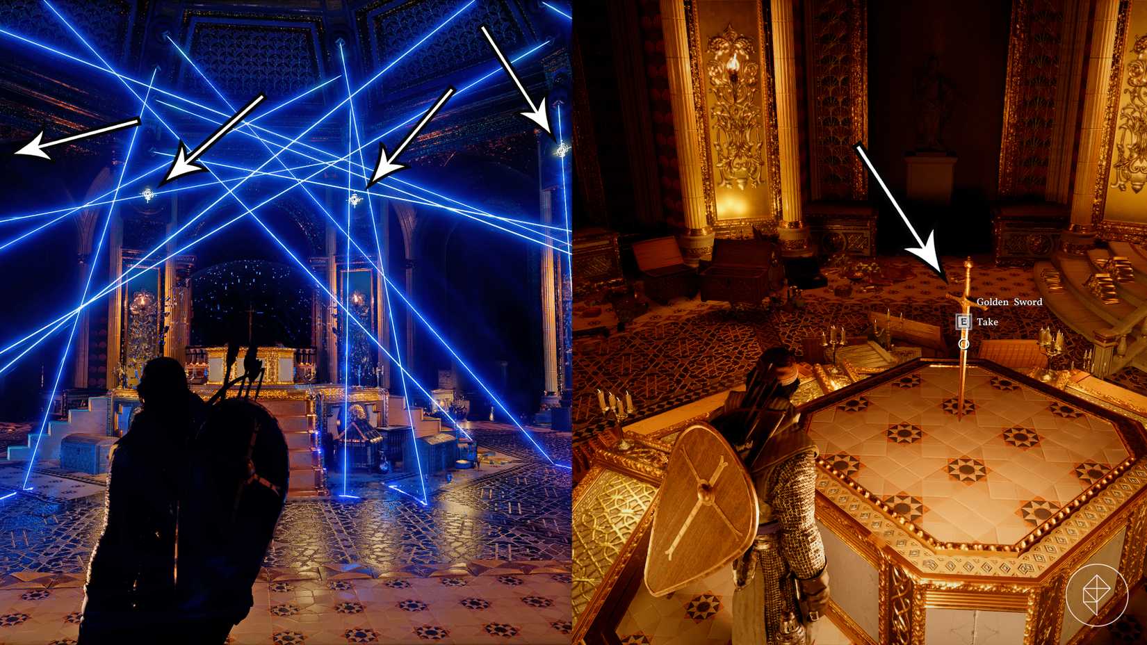 Arrows point to the targets and the golden sword inside the Vault of Vengeance Abyss in Crimson Desert.