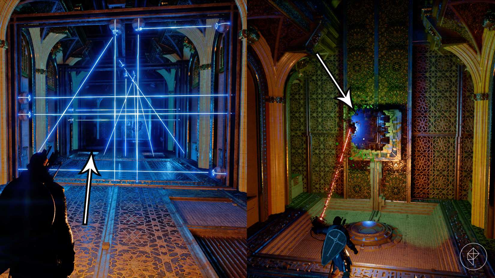 Lasers and a floating blue stone in the Crimson Desert Vault of Vengeance Abyss.