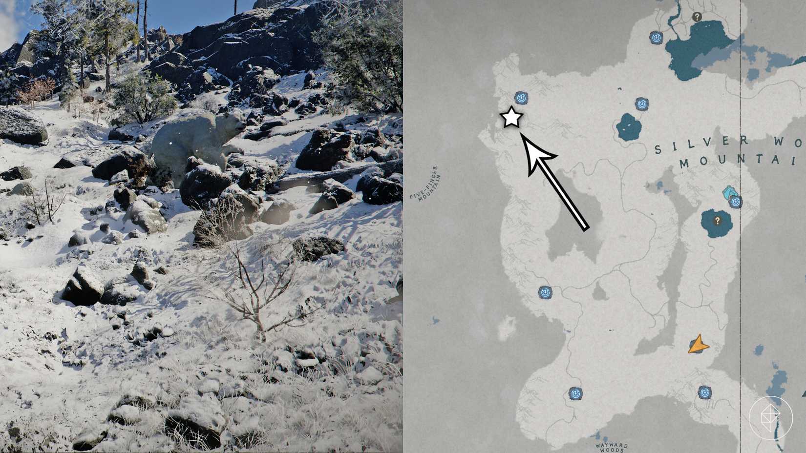 A white bear walking around in the snow in Crimson Desert as well as its location marked on the map with a star.