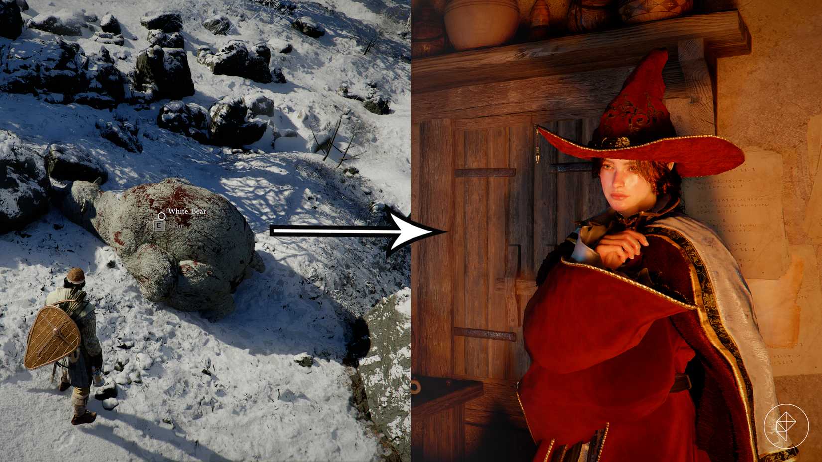 A player skins the White Bear to obtain White Bear Claws, which must be brought to the Witch on the right side of this Crimson Desert picture.