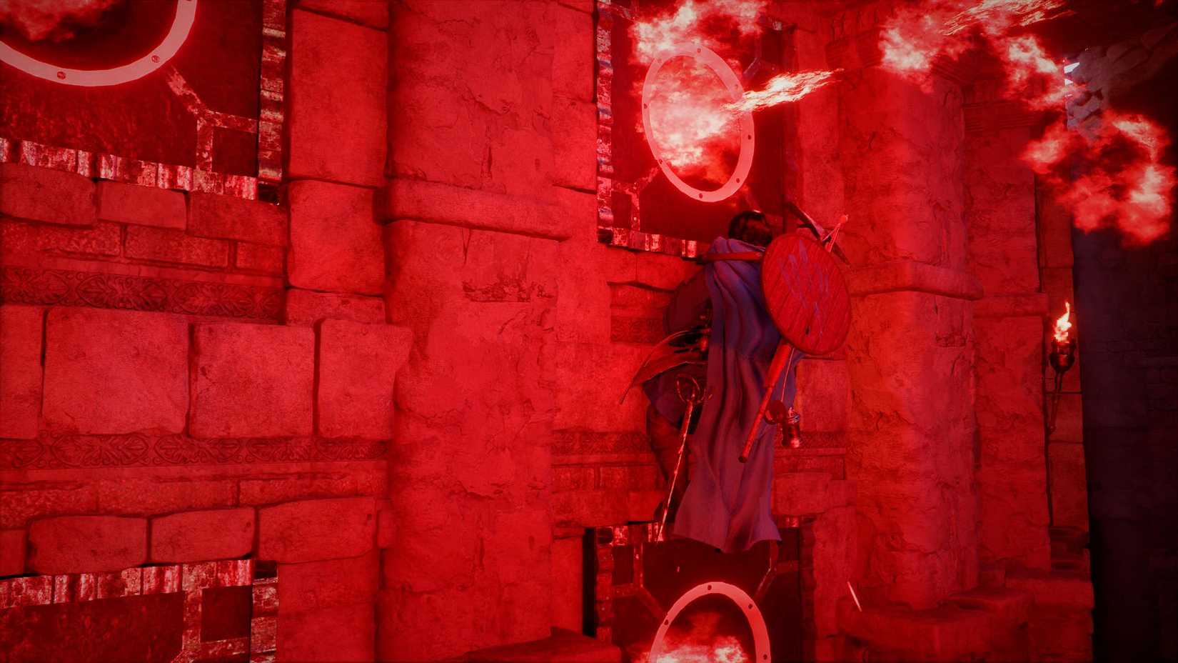 A Crimson Desert screenshot showing Kliff climbing awall under a flamethrower.