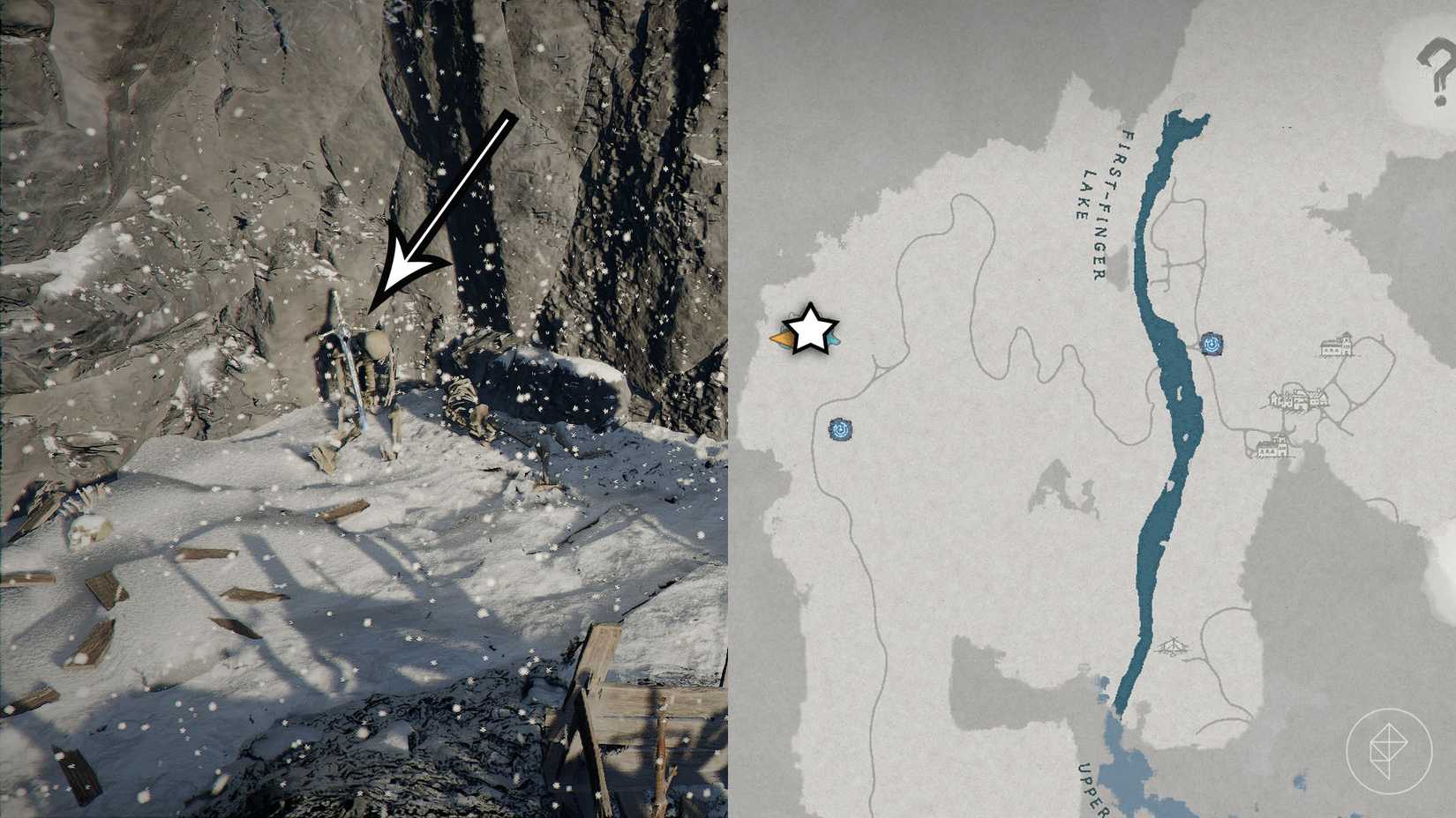 A montage using two Crimson Desert images showing the in-game map with the location of the Chillfallen Sword