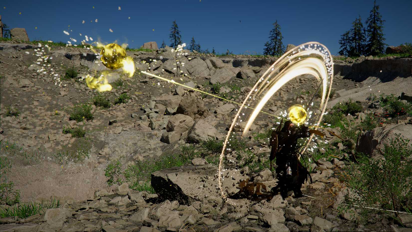 A Crimson Desert screenshot showing Kliff using the Darkbringer, which released two yellow orbs