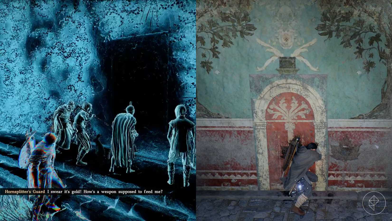 A montage of two Crimson Desert images showing a memory and the door players mush push to enter the Dragon's Stone Chamber
