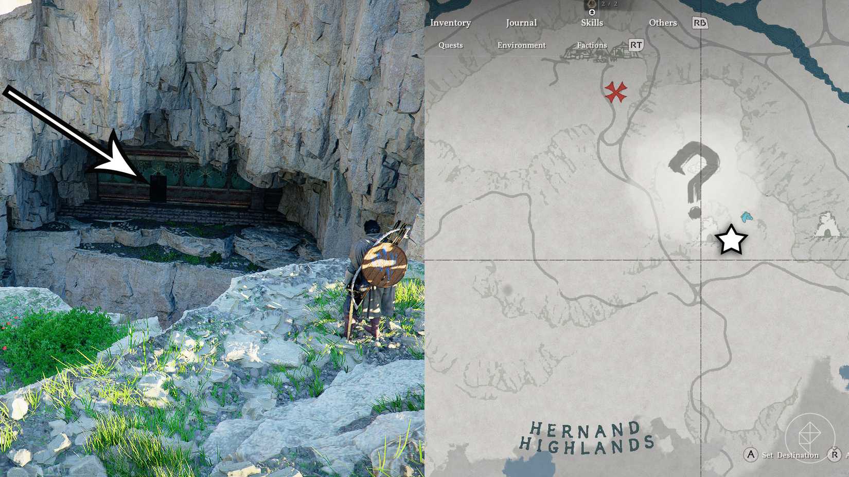 A montage of two Crimson Desert images showing the location of the Dragon's Stone Chamber entrance