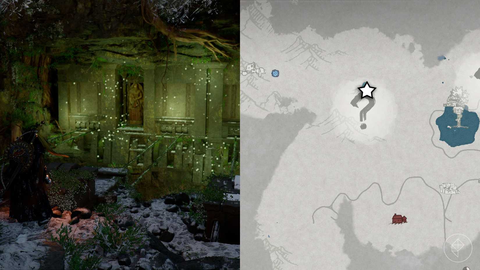 A montage of two Crimson Desert images showing the location of the Five-Finger Mountain Valley ruins puzzle