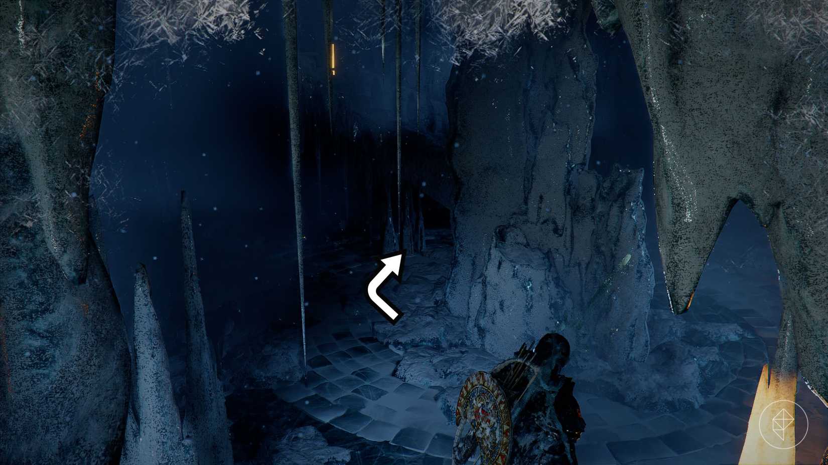 An imagem showing where players go to find the chest inside the Spire of Frost in Crimson Desert and grab the Frozen Anguish sword