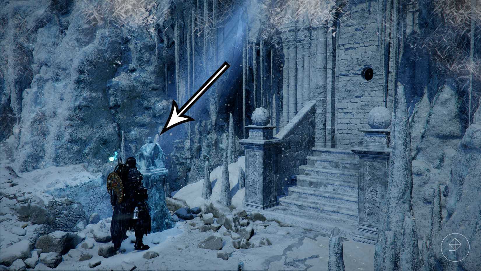 An imagem showing the entrance to the Spire of Frost and the lantern players need to light to open the door